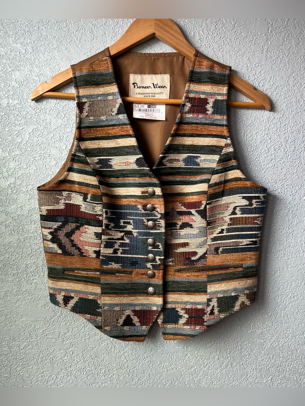 Vintage 90s Pioneer Wear Southwest Tapestry Vest Western Aztec Size 8